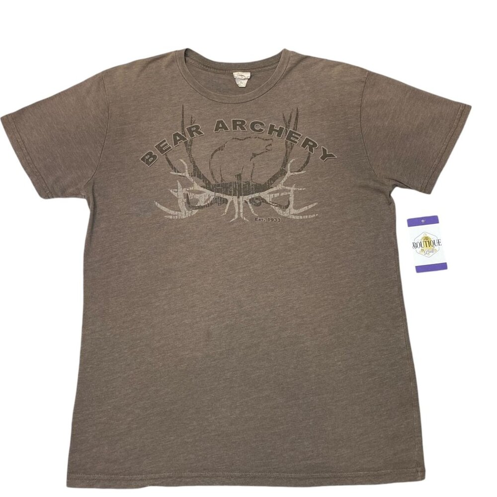 Bear Archery Mens L  Brown TShirt Antler Logo Graphic Print Outdoors Hunting